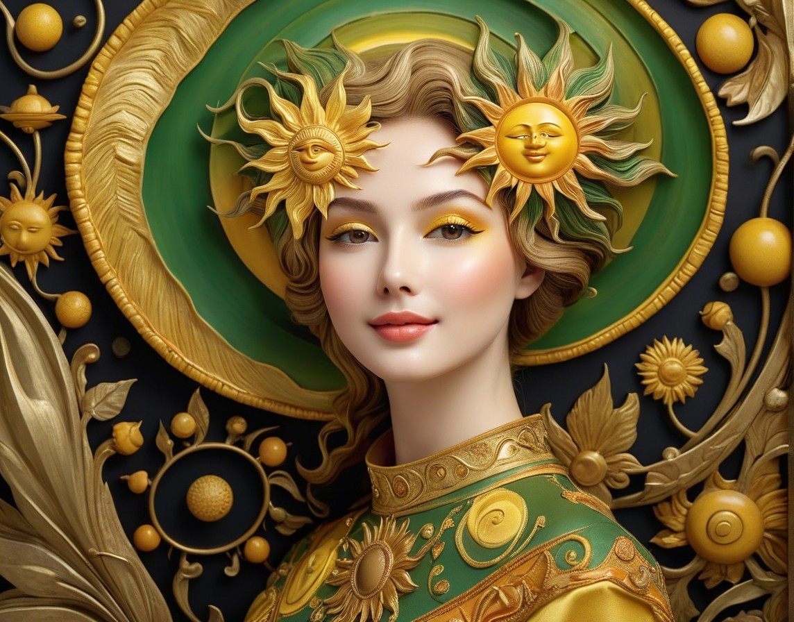 Styled Woman with Golden Sun Motif and Floral Patterns