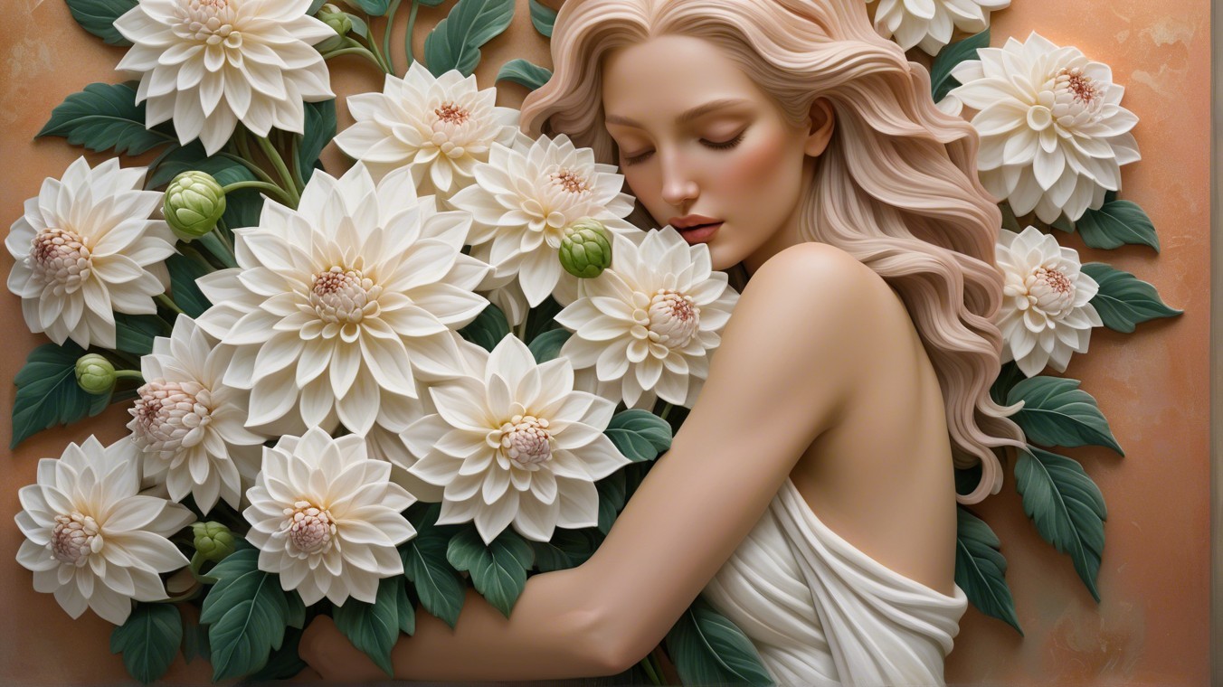 Serene Figure with White Flowers in Golden Background