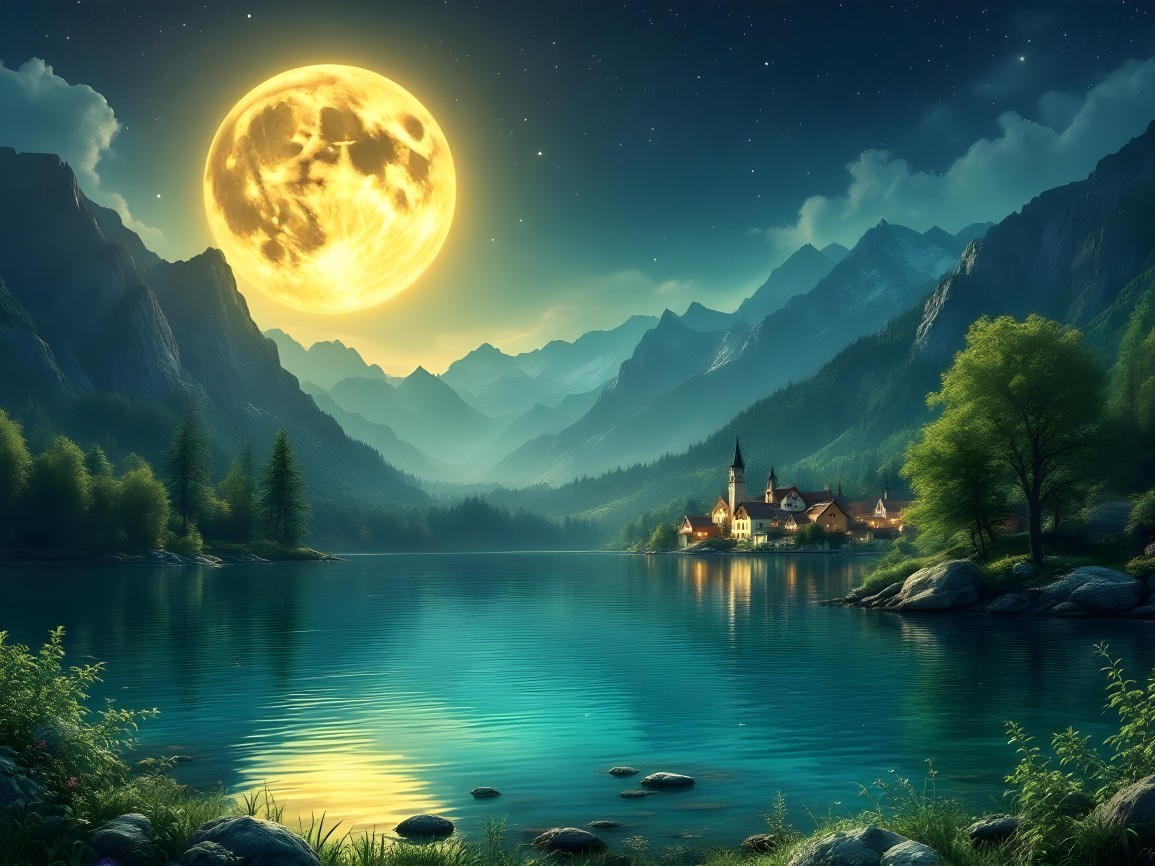 Tranquil Lake Scene with Full Moon and Mountains