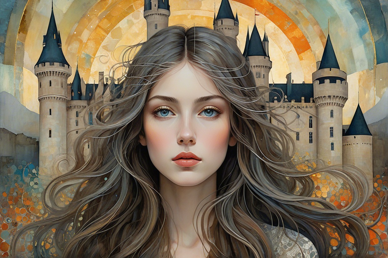 Young woman with blue eyes and whimsical castle backdrop