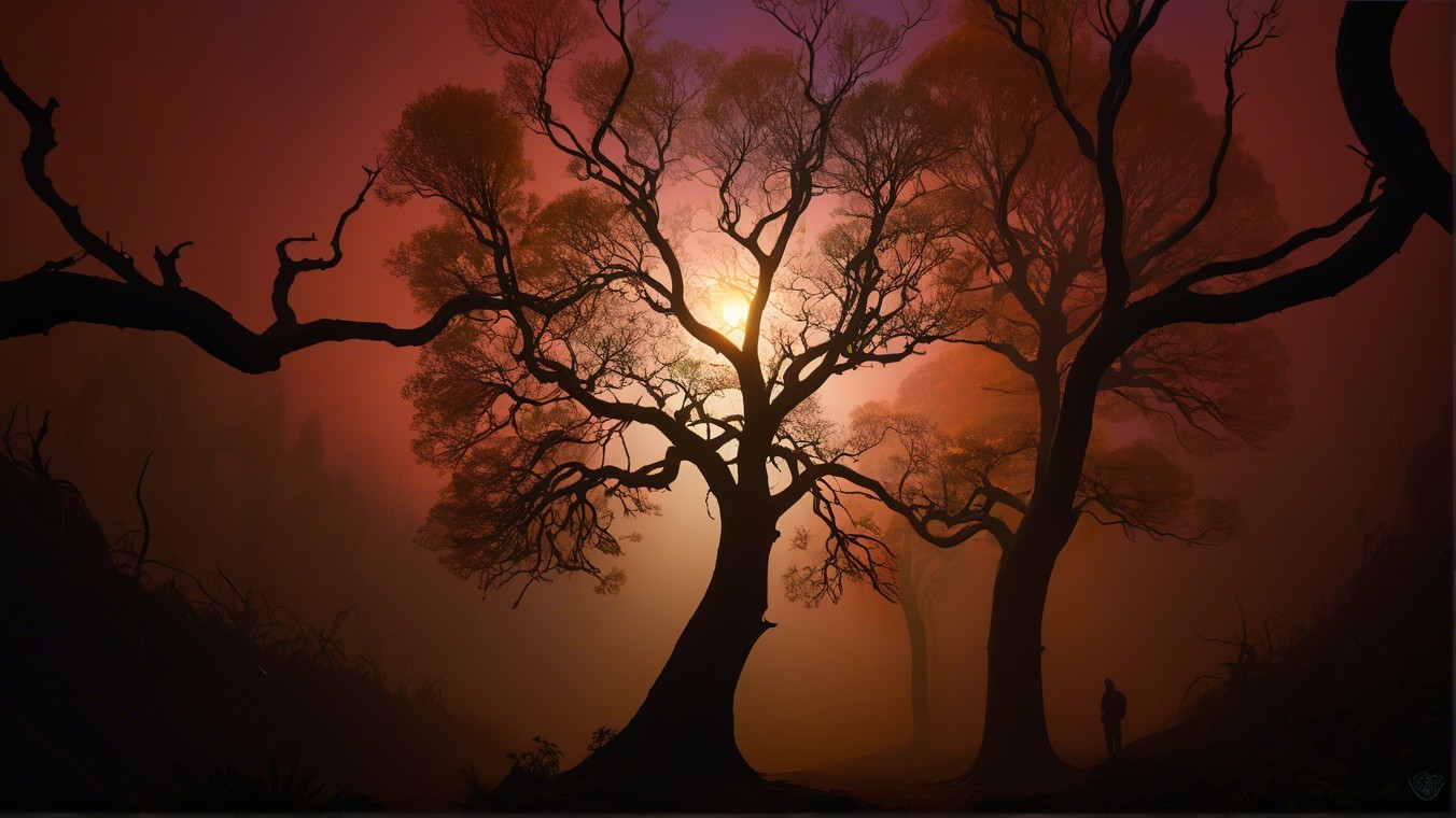 Serene Misty Forest with Twisted Trees and Sunset