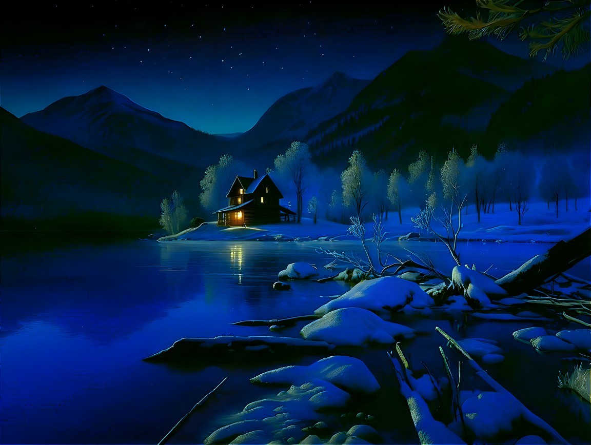 Serene Winter Landscape with Cabin and Starry Sky