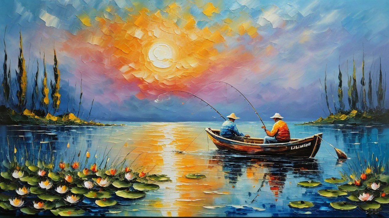 Fishermen in a Boat at Sunset on a Serene Lake