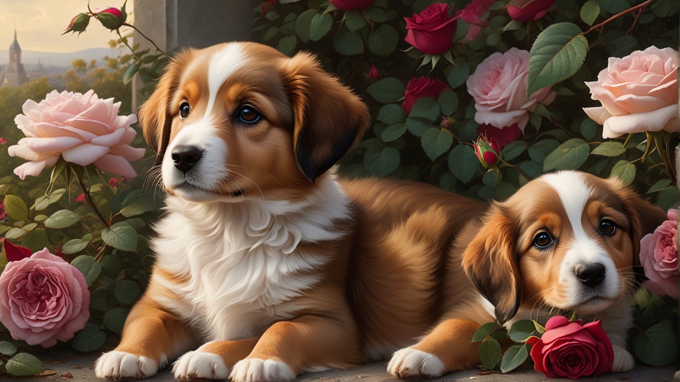 Puppies Resting Among Vibrant Roses in Serene Setting