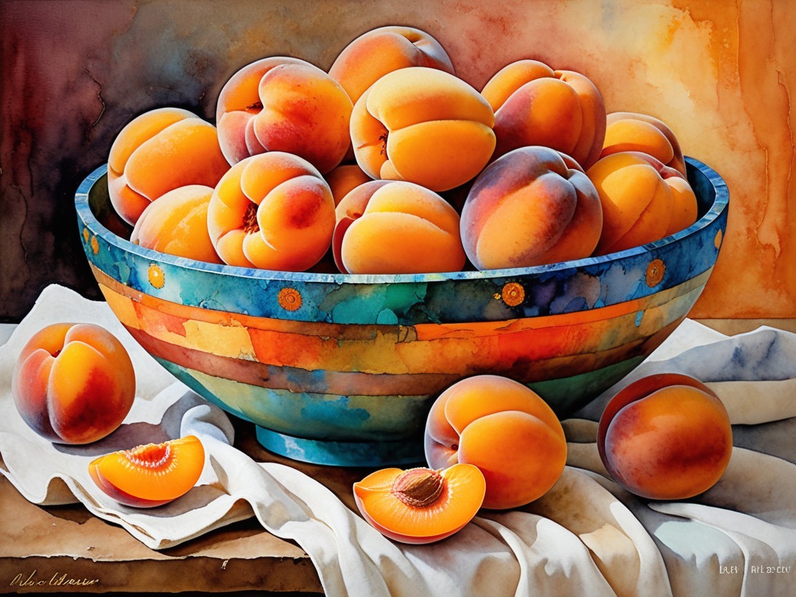 Vibrant Still Life of Ripe Peaches in Colorful Bowl