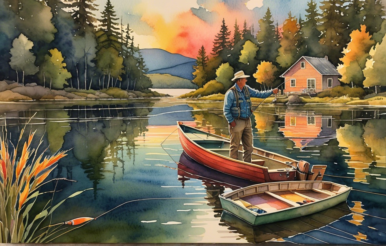 Serene Lake Scene with Fishing Boats at Sunset