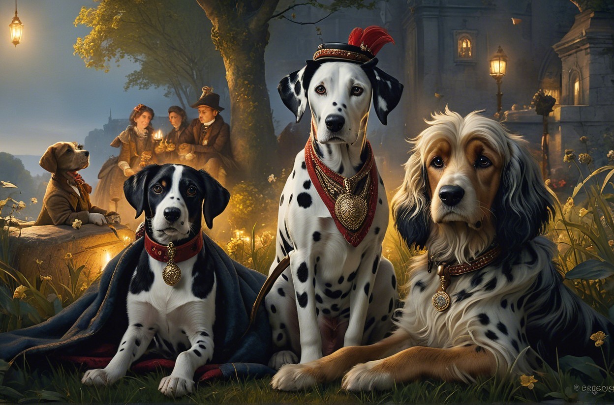 Whimsical Moonlit Gathering with Elegant Dogs