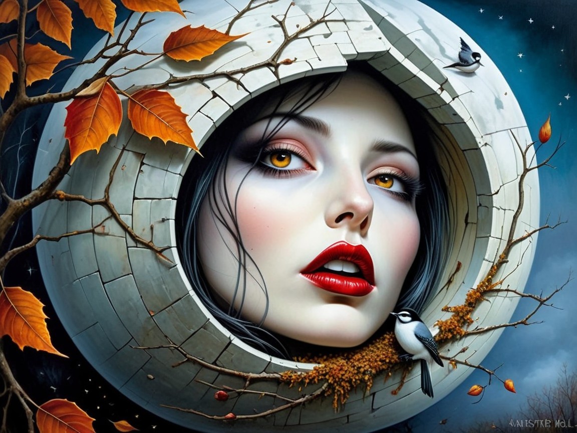 Portrait of a woman in a stone frame with autumn leaves