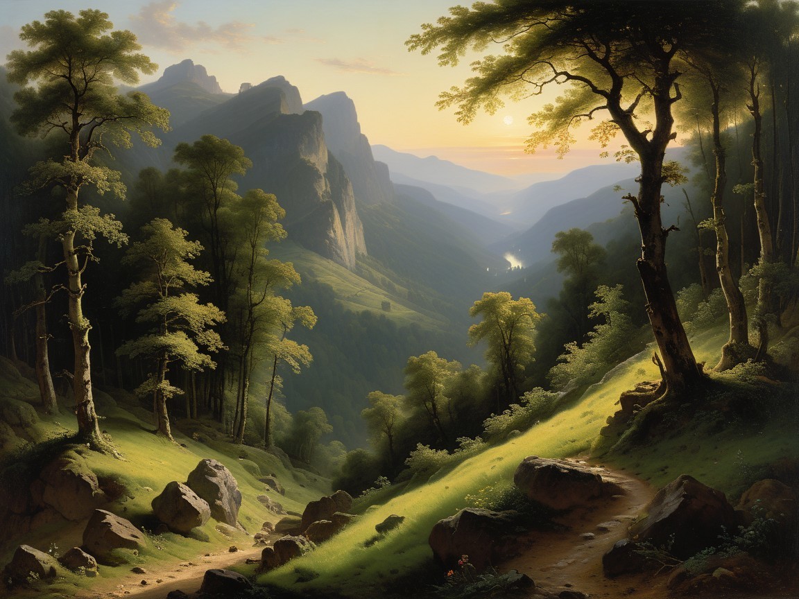 Serene Landscape with Hills, Forest, and Sunset