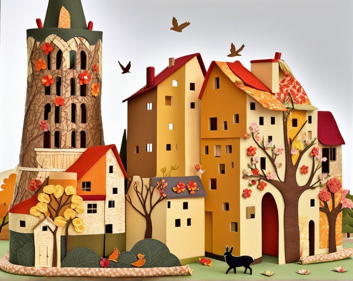 Colorful Paper Craft Scene with Autumn Houses and Tower