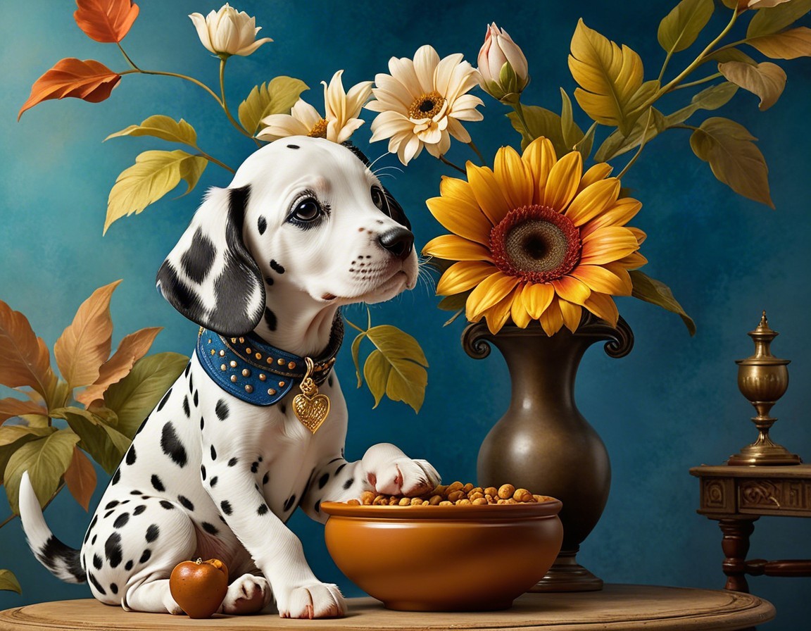 Dalmatian Puppy with Food and Flowers in Bright Setting