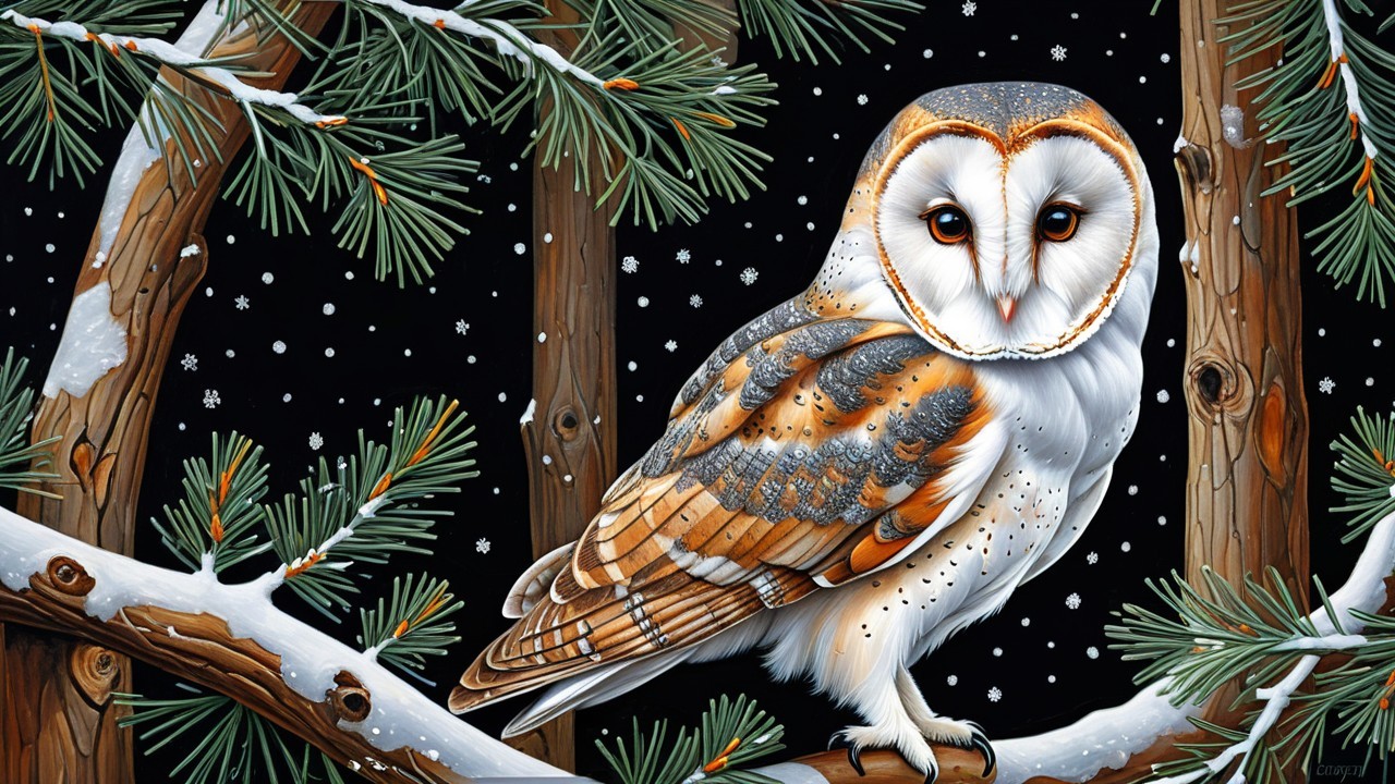 Detailed Illustration of a Barn Owl in Winter Setting