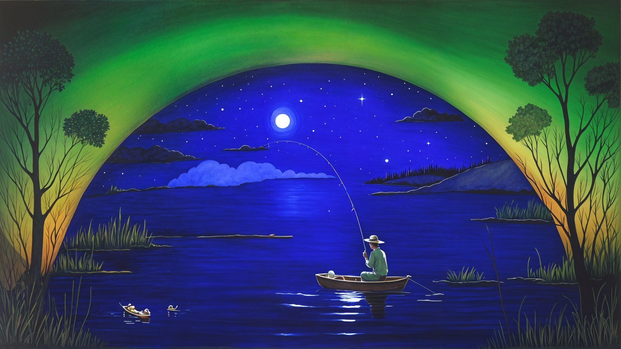 Tranquil Night Scene with Fisherman on Shimmering Lake
