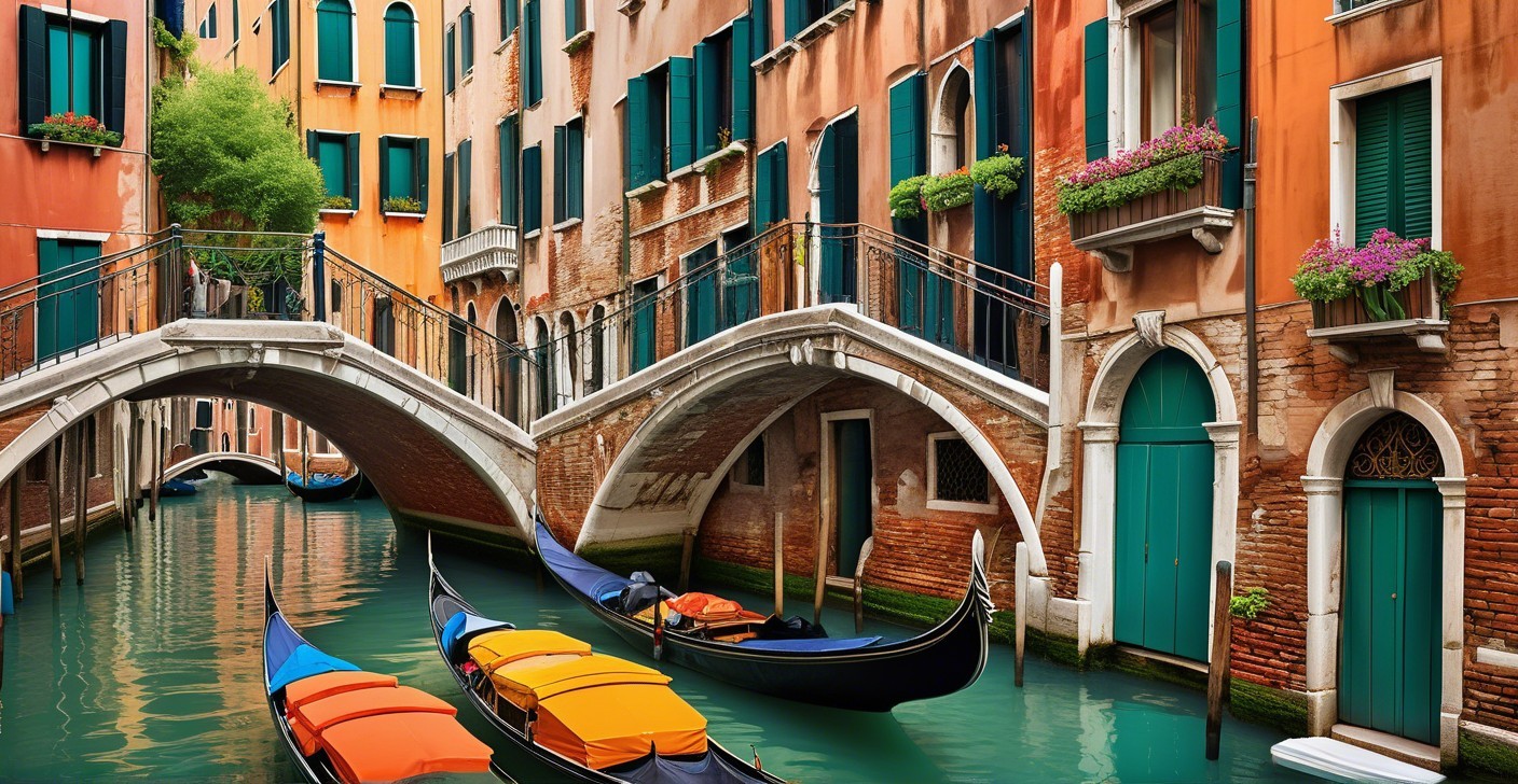 Venetian Scene with Colorful Buildings and Bridges