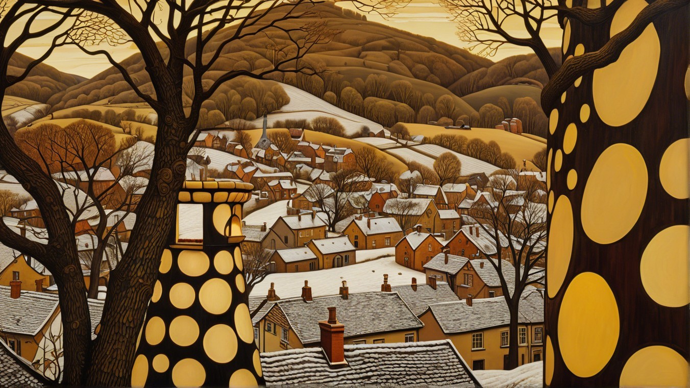 Quaint Village in Snowy Hills with Whimsical Structures