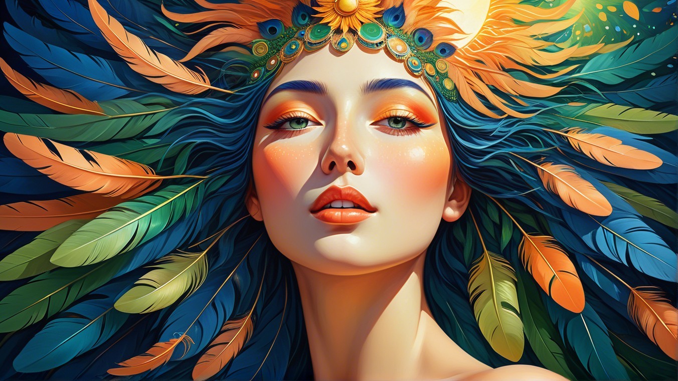 Woman with Peacock Feathers and Vibrant Colors