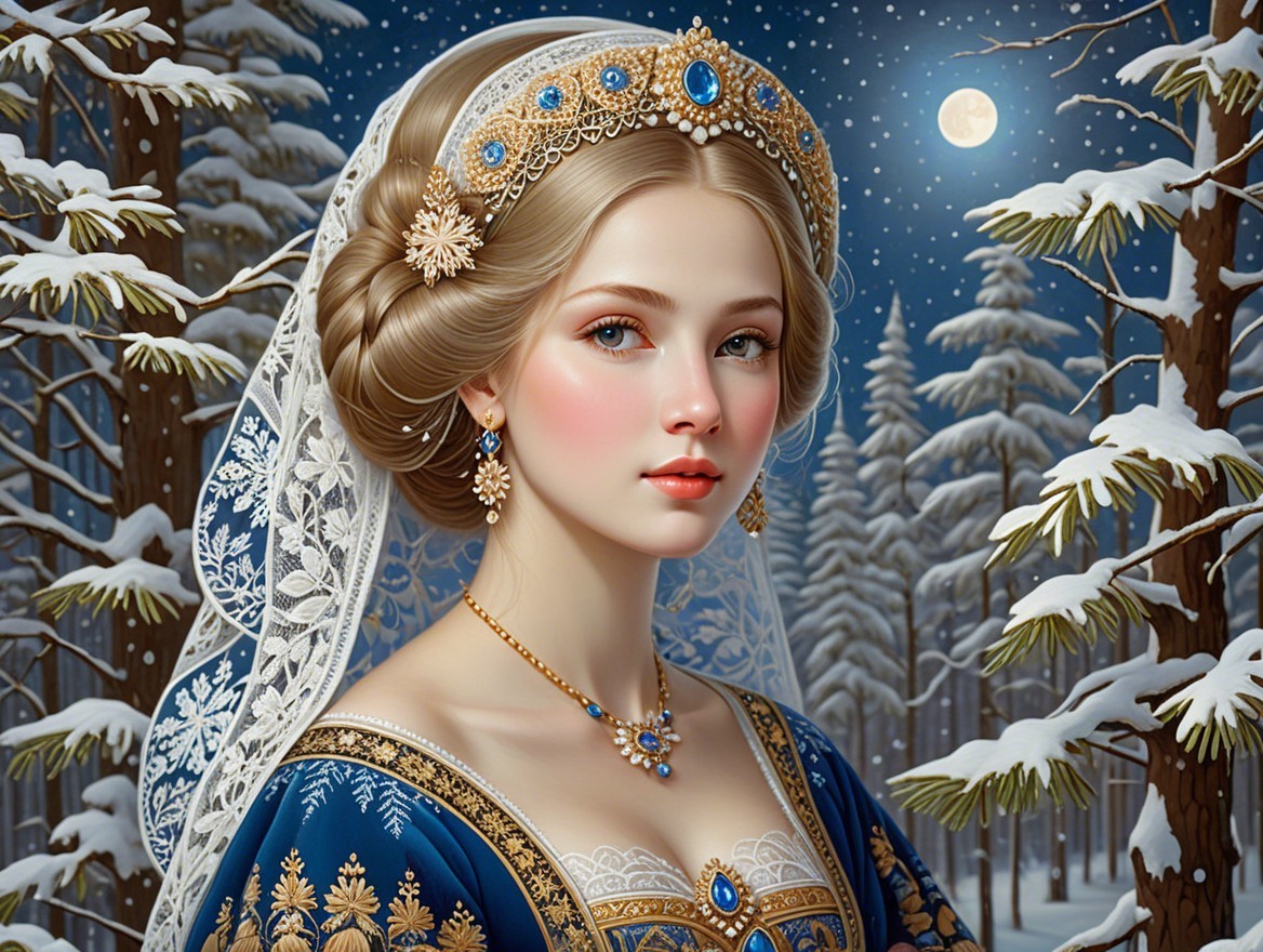Princess in Blue Gown in Snowy Forest Under Moonlight