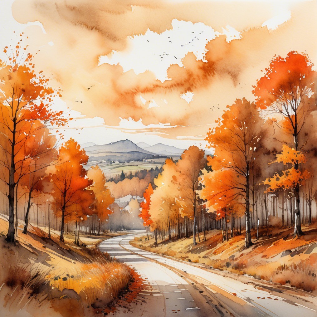 Autumn Landscape with Winding Road and Mountains