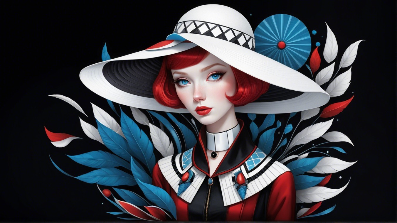 Stylized portrait of a woman with red hair and hat