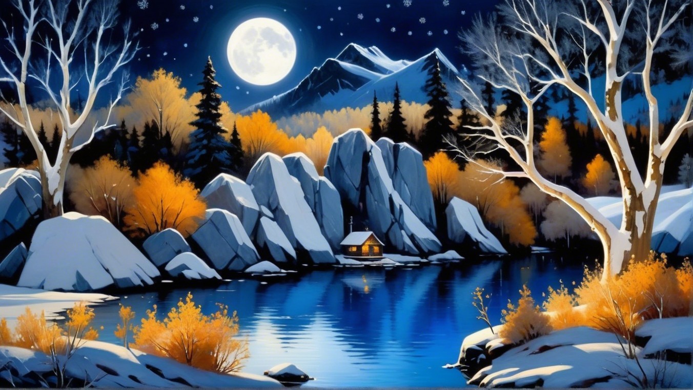 Serene Winter Landscape with Moonlit Lake and Cabin