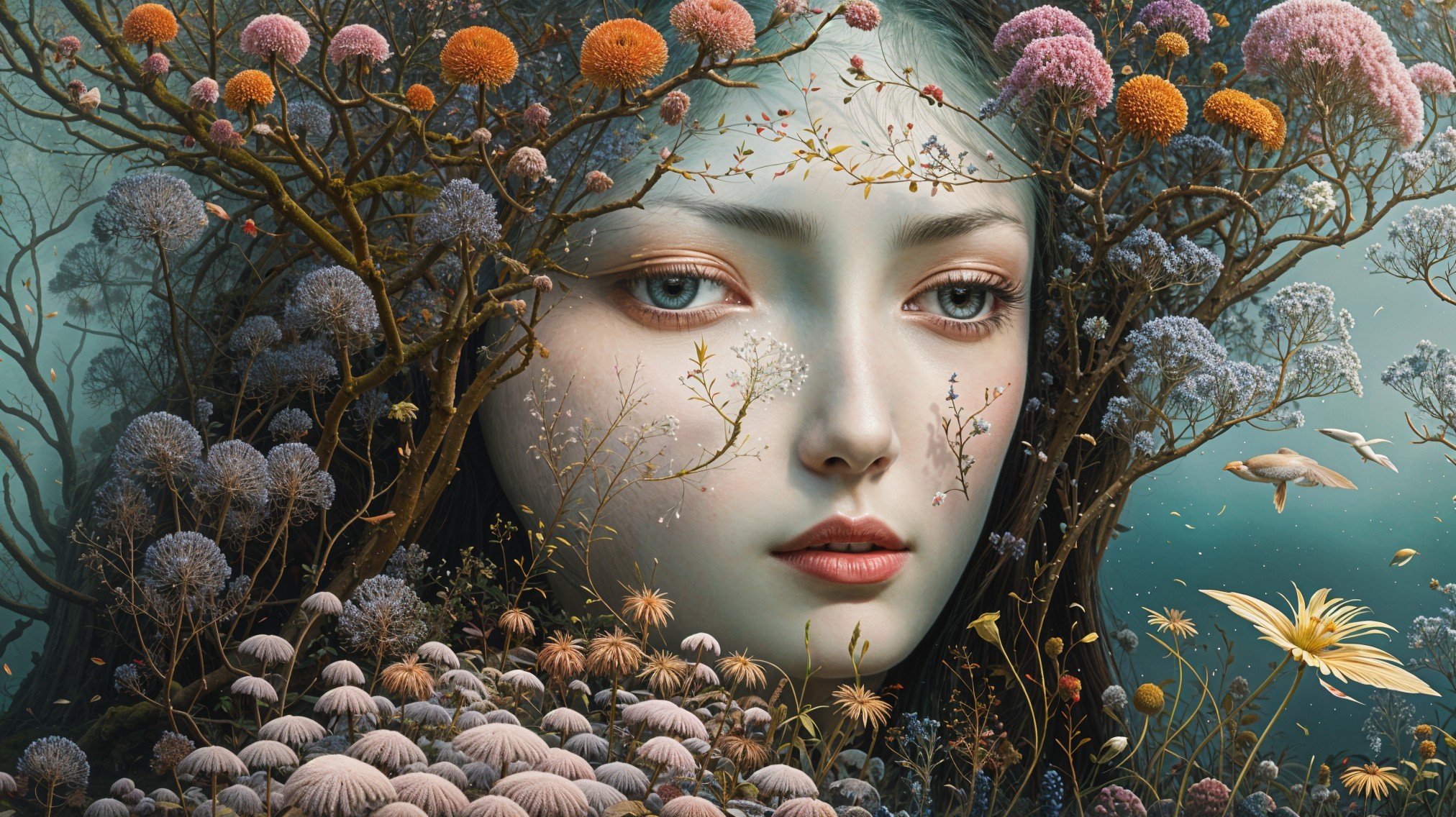 Surreal Portrait of a Woman Merging with Flora