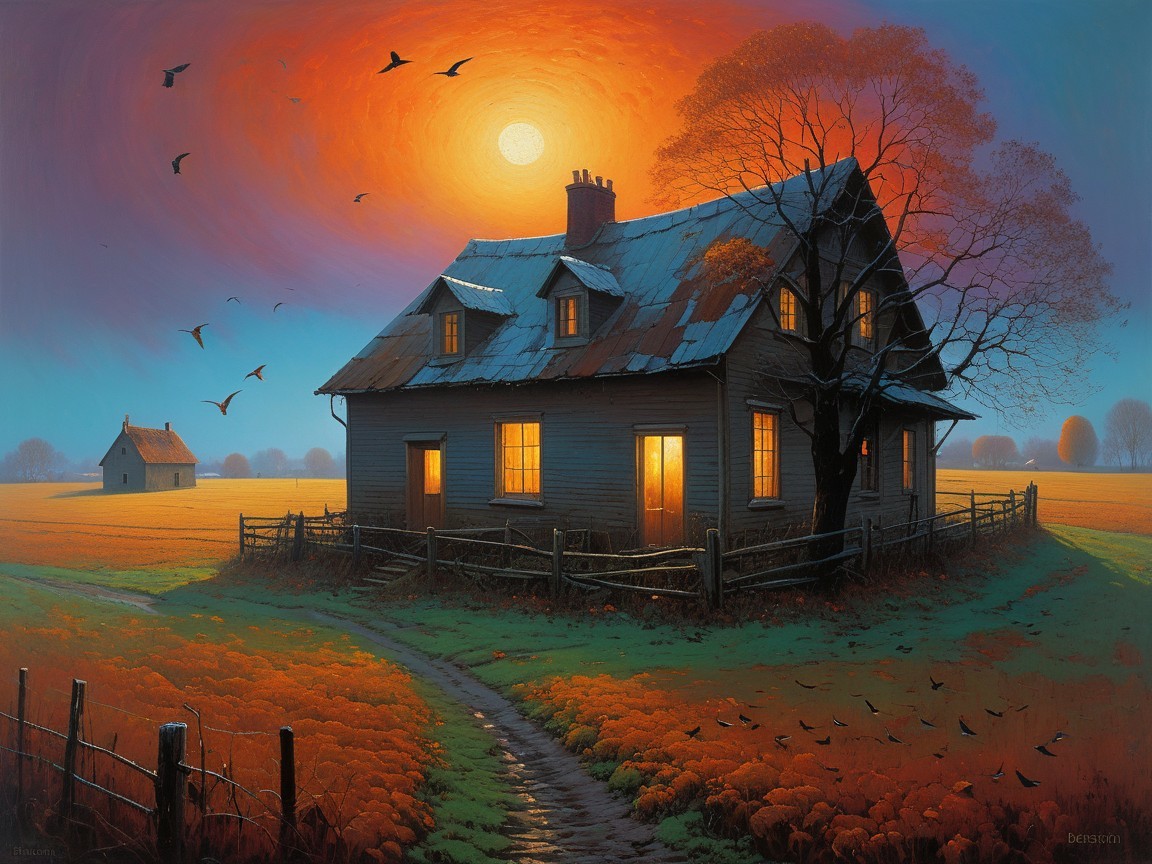 Twilight Landscape with Rustic House and Vibrant Sky