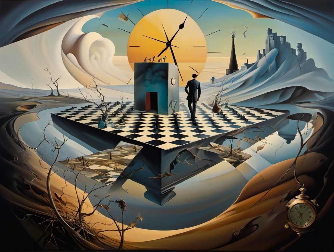 Surreal Landscape with Floating Checkerboard Platform