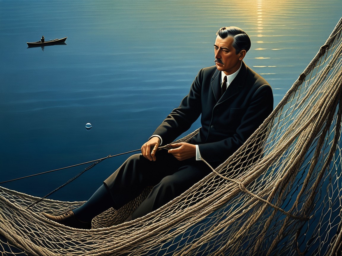 Man in Suit Contemplating Above Calm Waters at Sunset