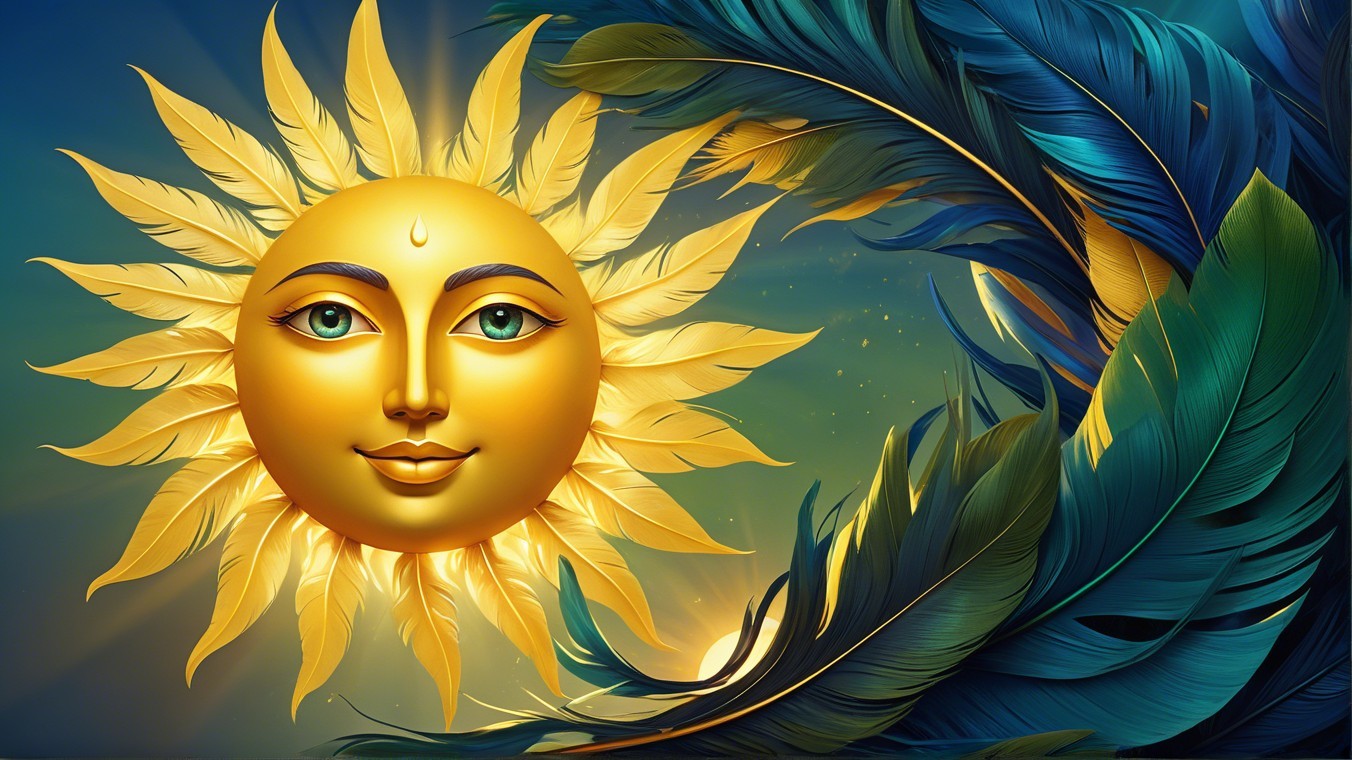Radiant Sun with Colorful Feathers on Blue Background