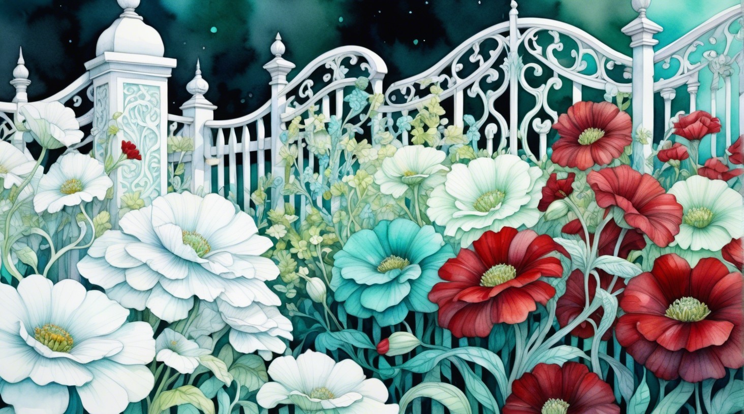 Vibrant Garden Watercolor with Picket Fence and Night Sky