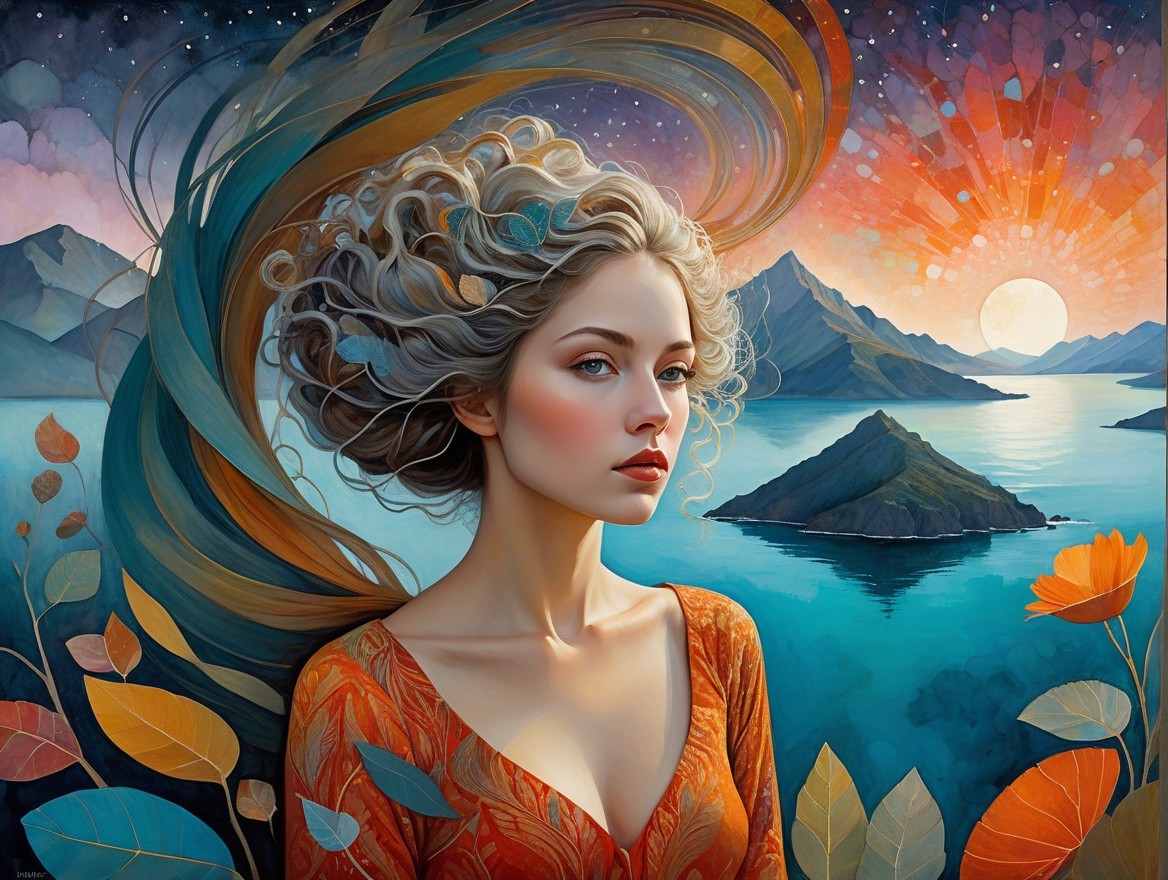 Serene Woman with Sunset-Colored Hair in Tranquil Landscape