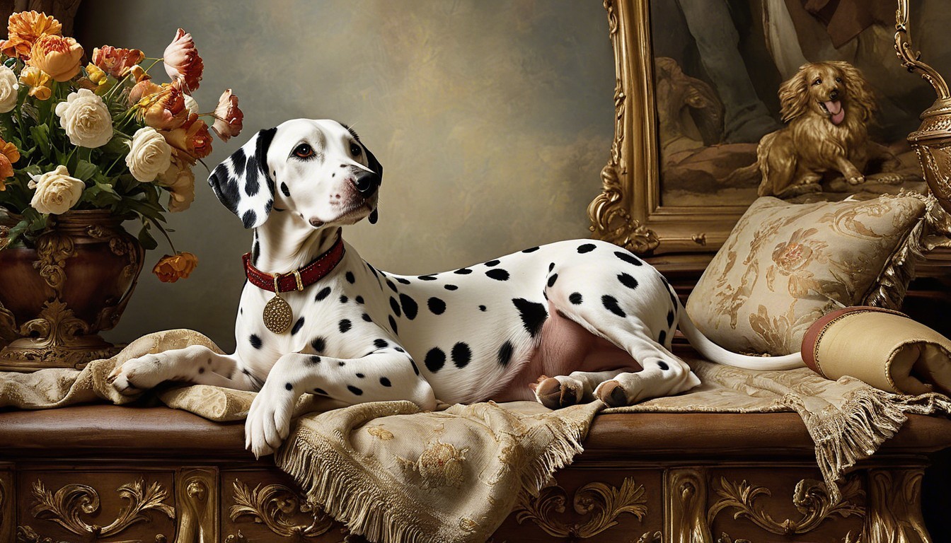 Regal Dalmatian on Ornate Table with Flowers and Art
