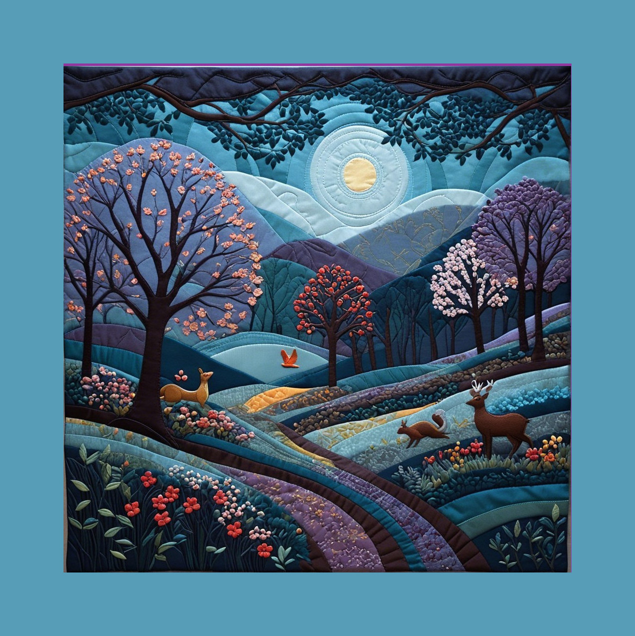 Moonlit Quilt Depicting Serene Landscape with Deer