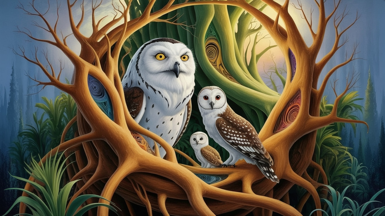 Owls in a Mystical Woodland Nest Under Sunlight