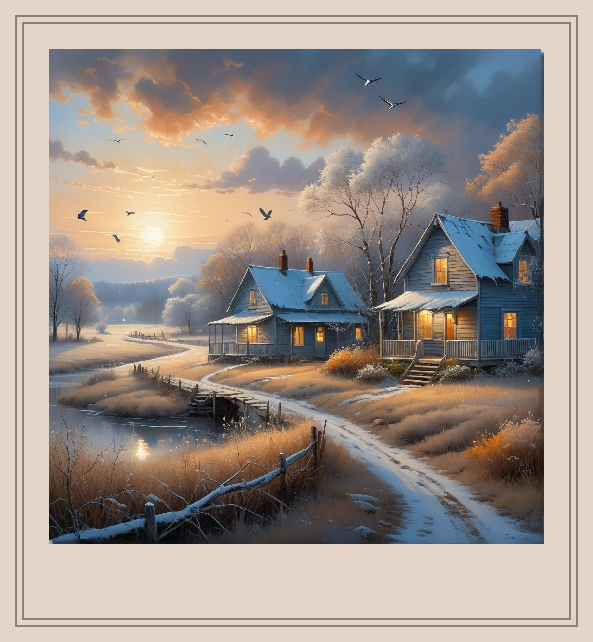 Winter Cottages by a Tranquil River at Dusk