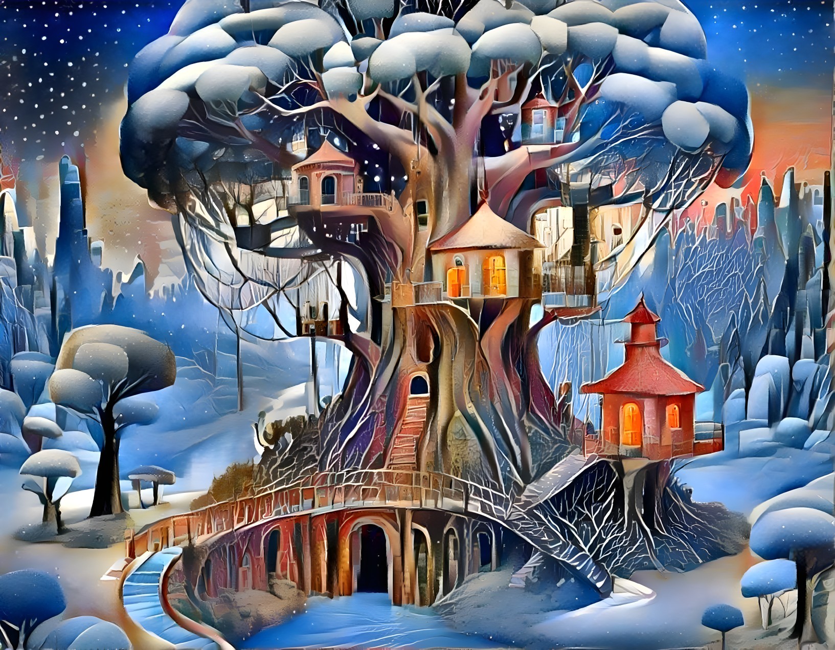 Whimsical Tree with Cozy Houses in Snowy Landscape