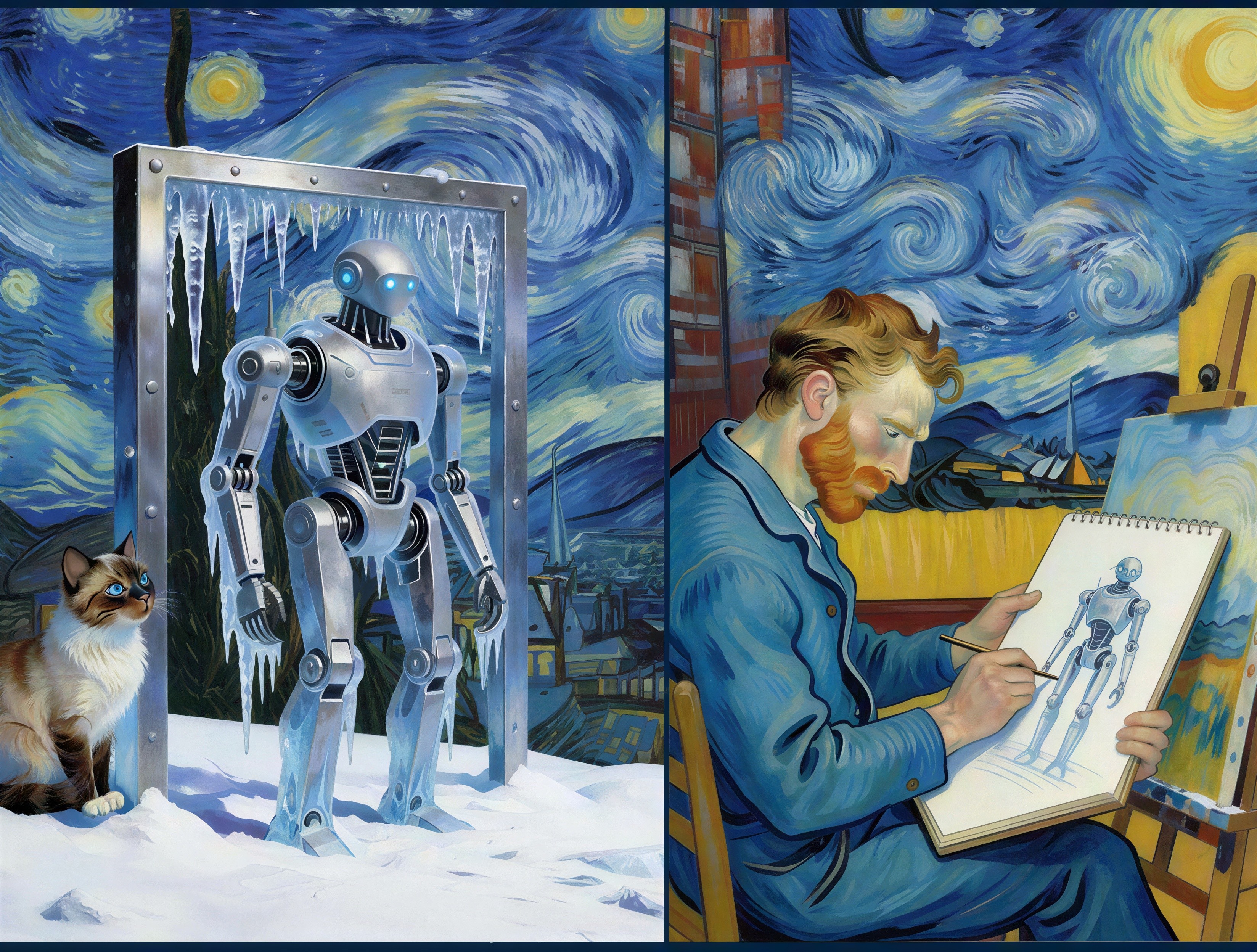 Siamese Cat and Robot in Van Gogh-Inspired Scene