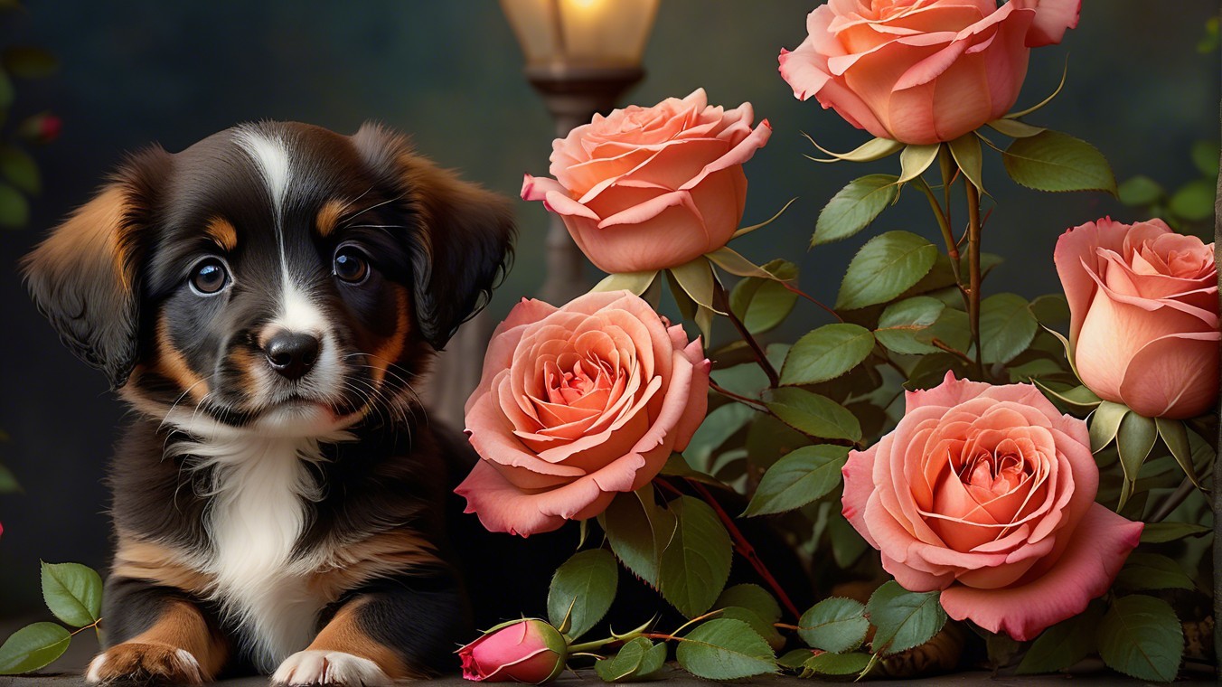 Tri-Color Puppy Resting Beside Pink Roses