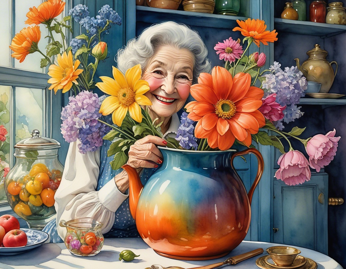 Elderly Woman in Colorful Kitchen with Flower Bouquet