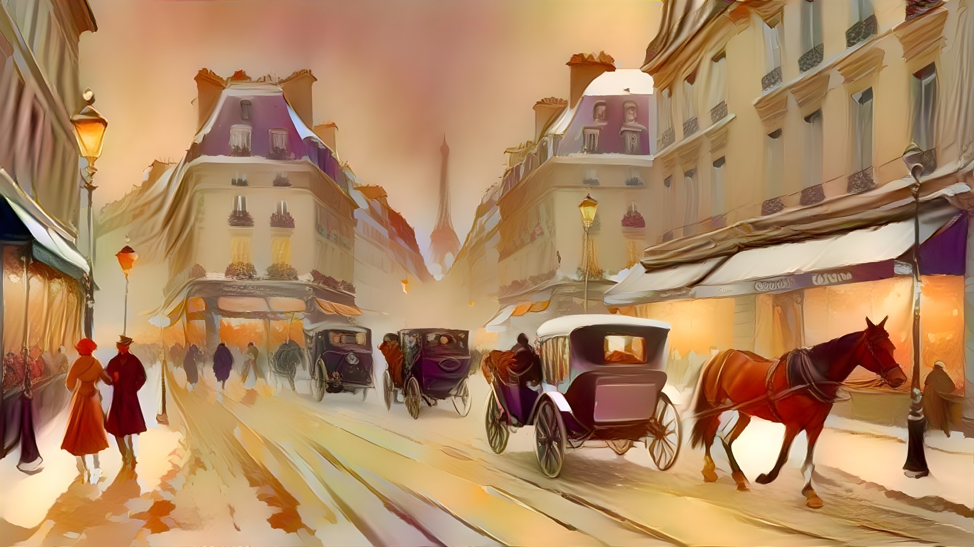 Twilight Parisian Street with Vintage Carriages and Fog