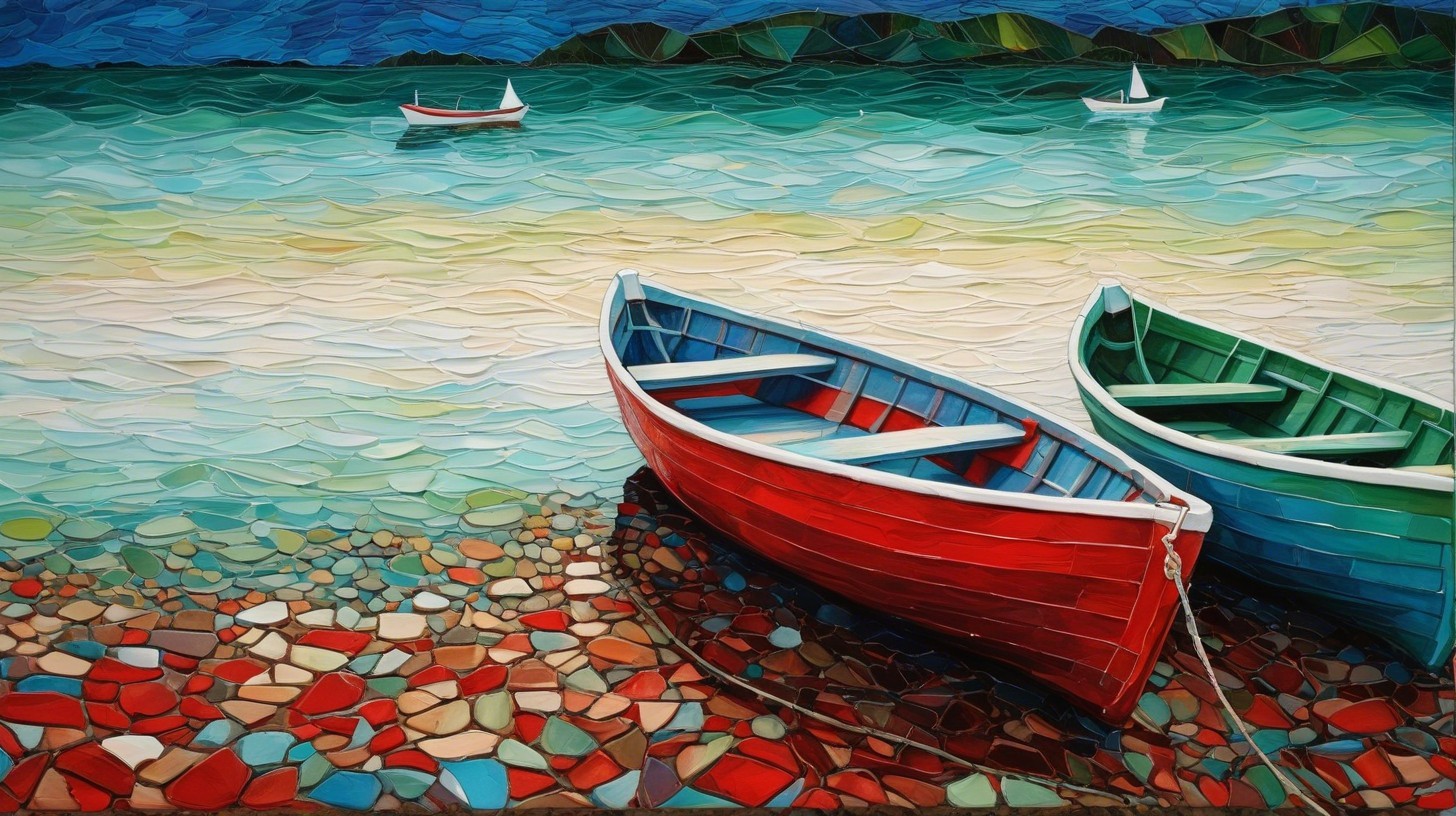 Vibrant Boats on a Pebbled Shoreline with Waves