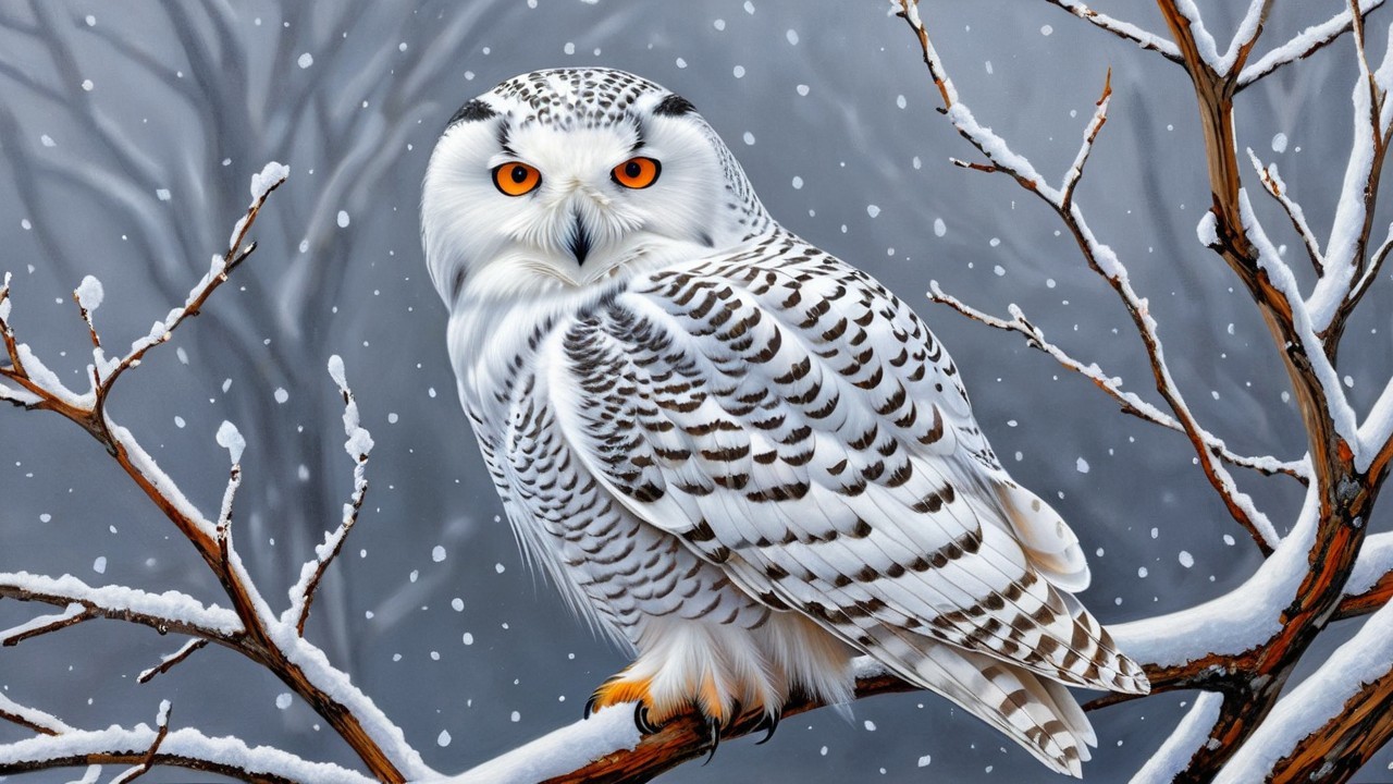 Snowy Owl on Branch in Serene Winter Landscape