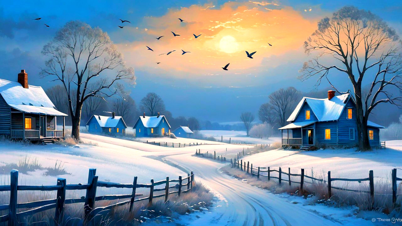 Serene Winter Landscape with Cottages and Glowing Sky