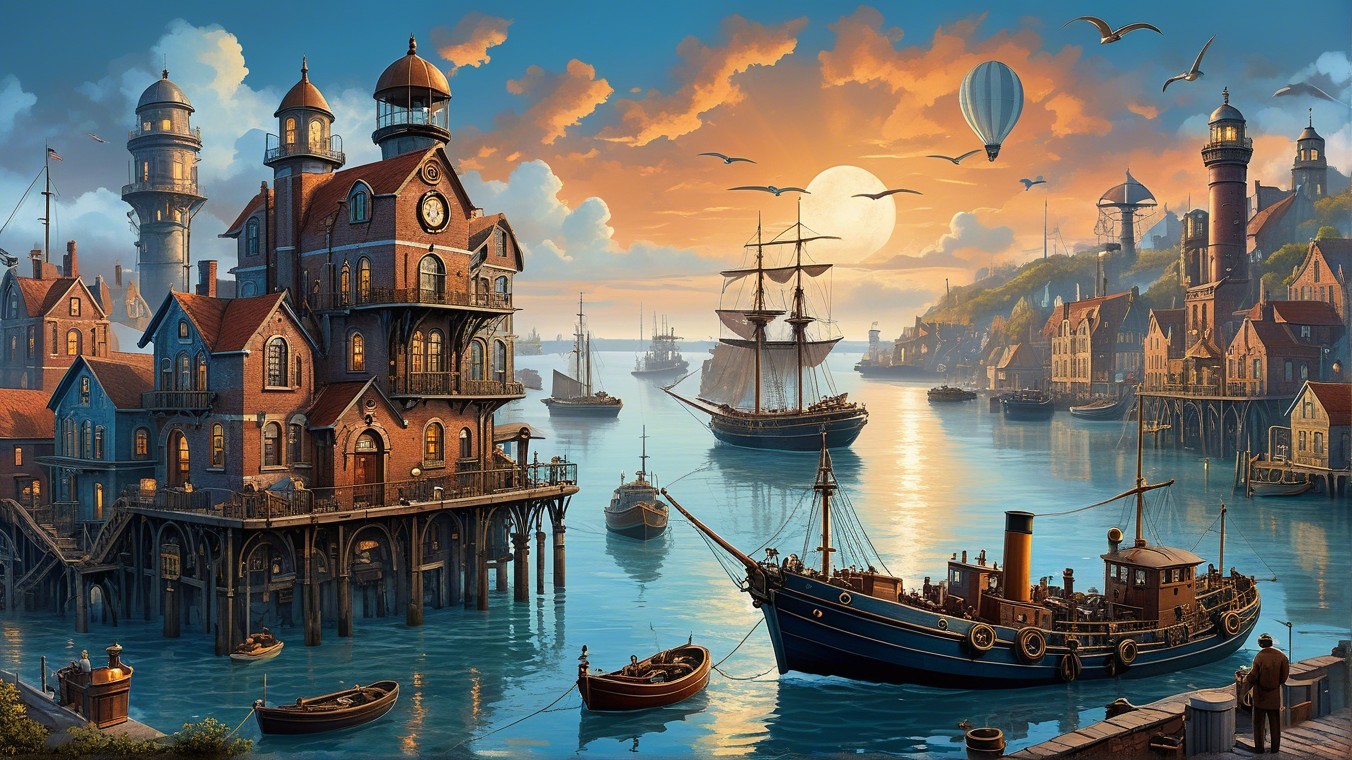 Seaside Sunset with Charming Buildings and Boats