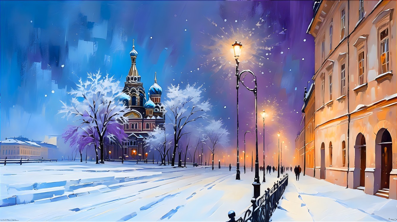 Snowy Evening Cityscape with Streetlights and Pedestrians