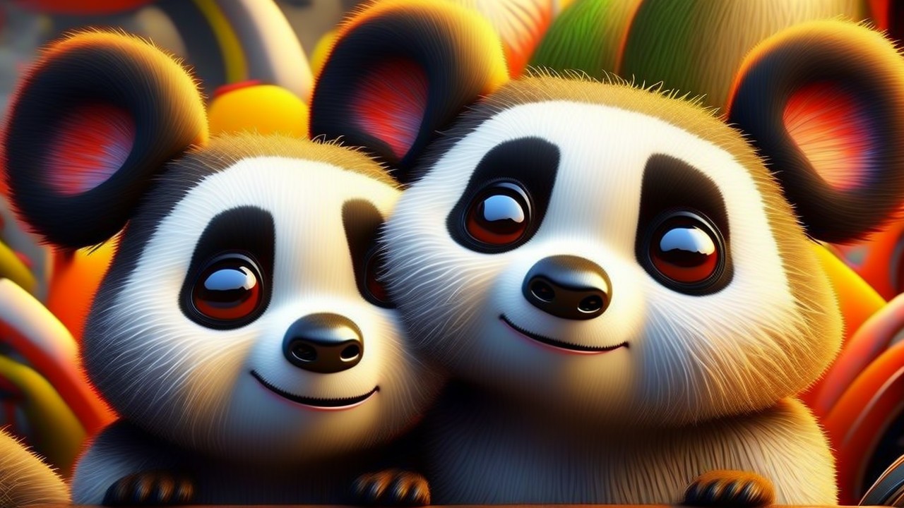 Cartoon Pandas Snuggling in a Colorful Background