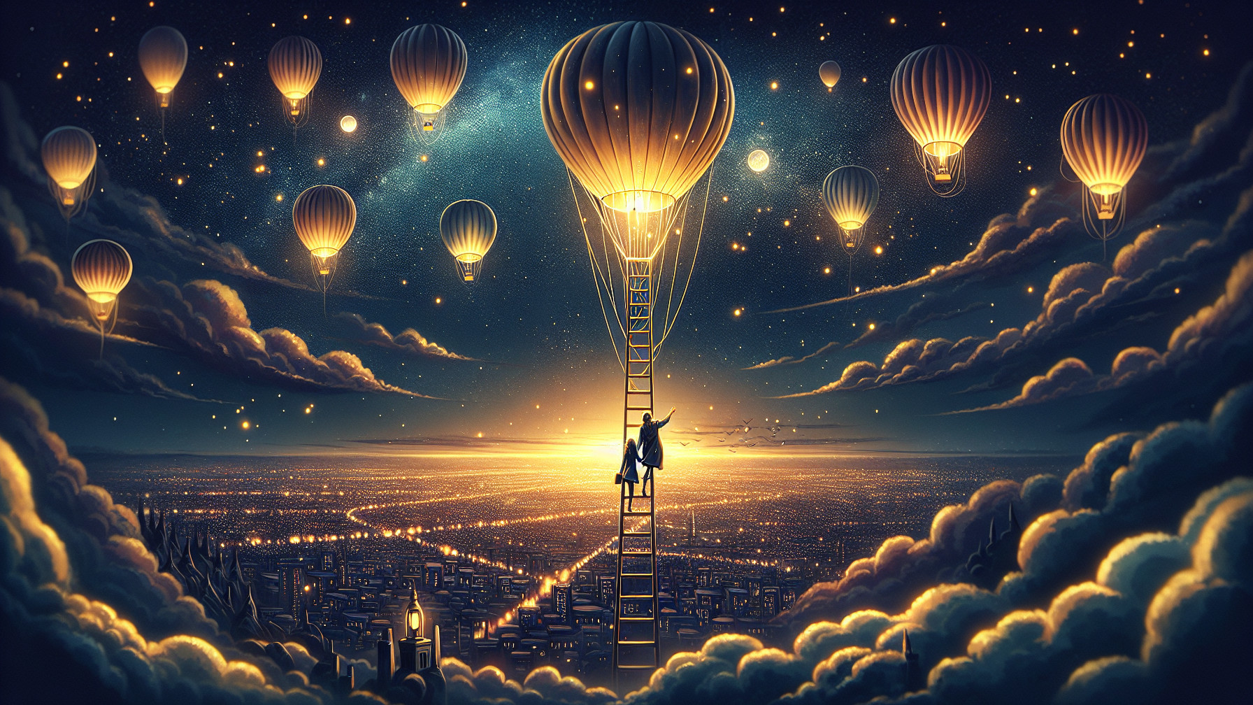 Dreamy Night Sky with Hot Air Balloons and Cityscape