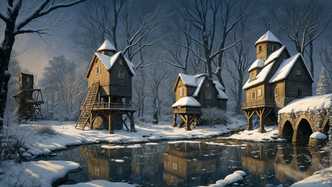 Serene winter landscape with wooden houses and snow