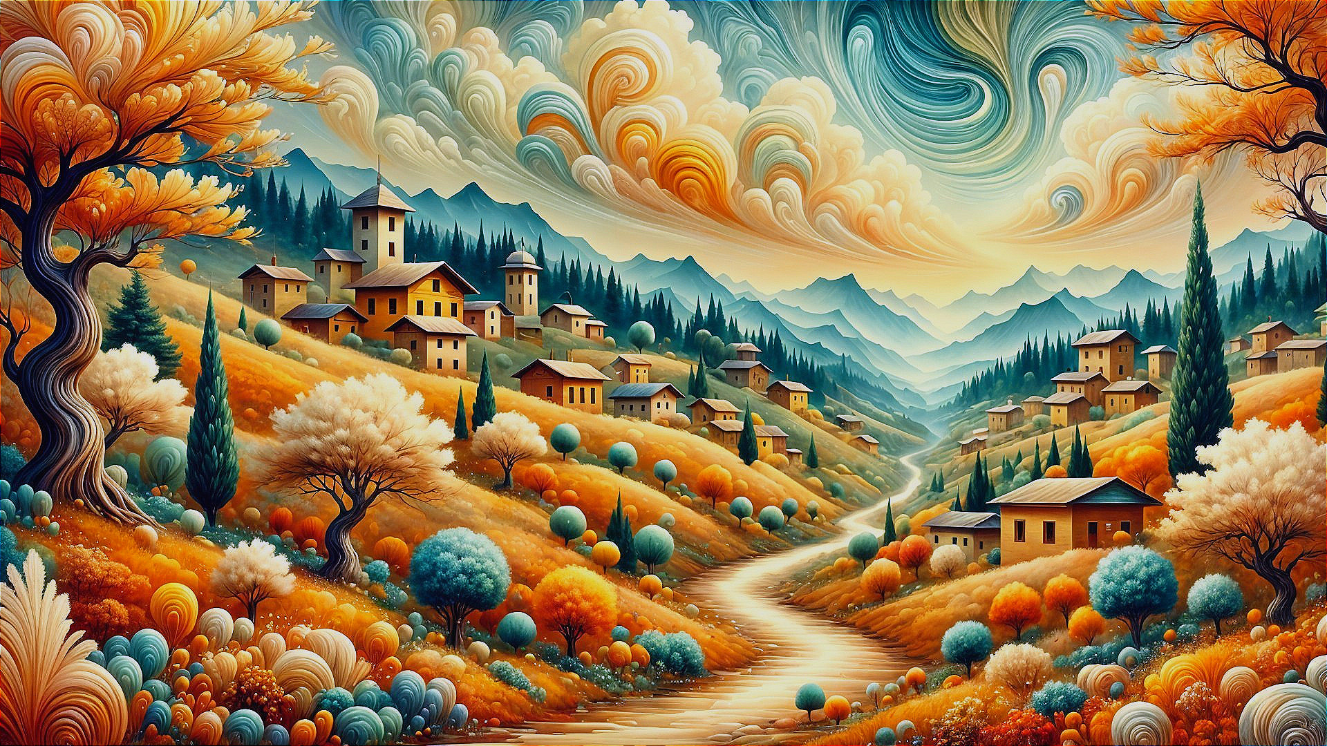 Vibrant Autumn Landscape with Rolling Hills and Houses