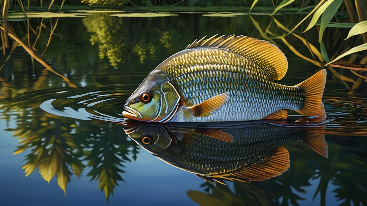 Colorful Fish in Serene Waters with Lush Greenery